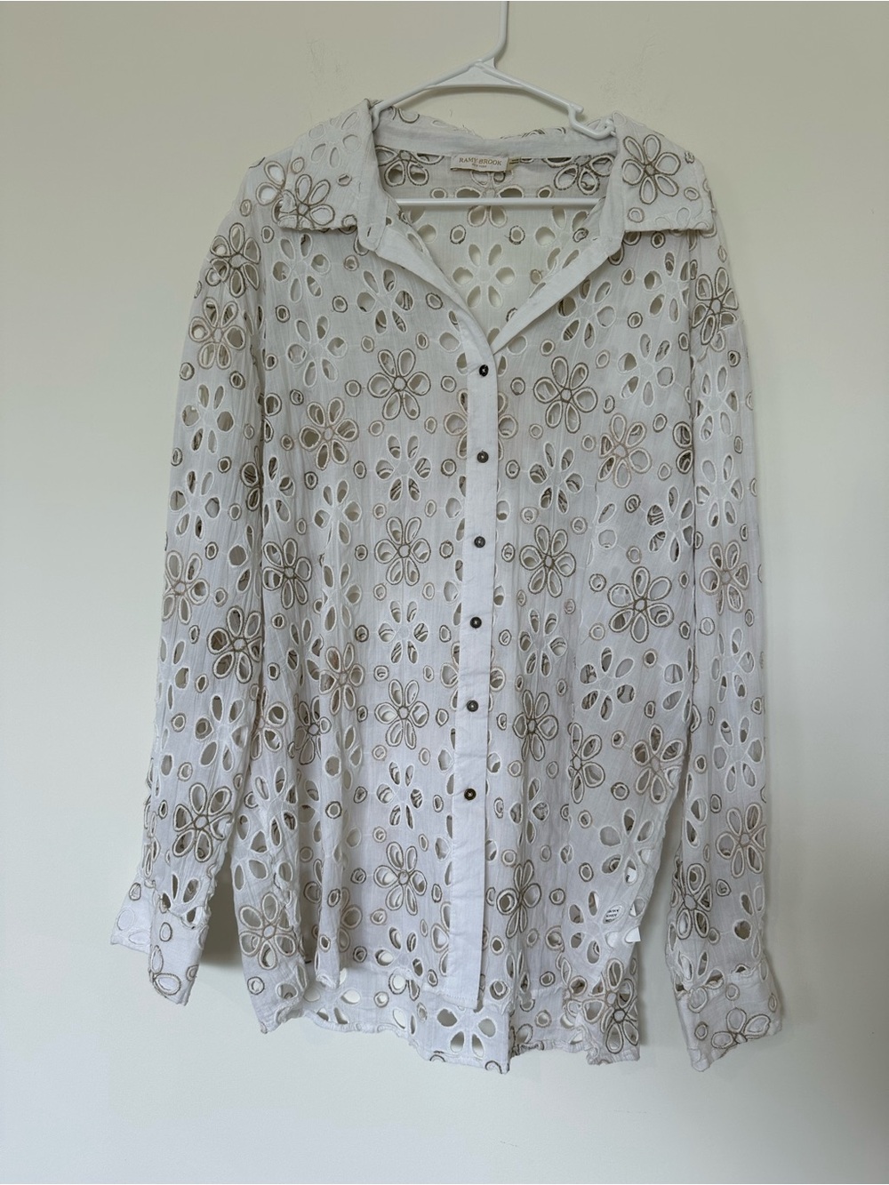 Ramy Brook Gary Eyelet Swim Cover Button-Up Shirt Large Beach Vacation Resort